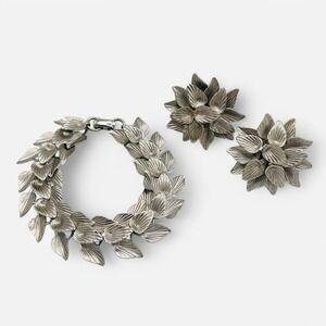 Vintage STAR Leaves Leaf Bracelet Clip On‎ Earrings Set Silver